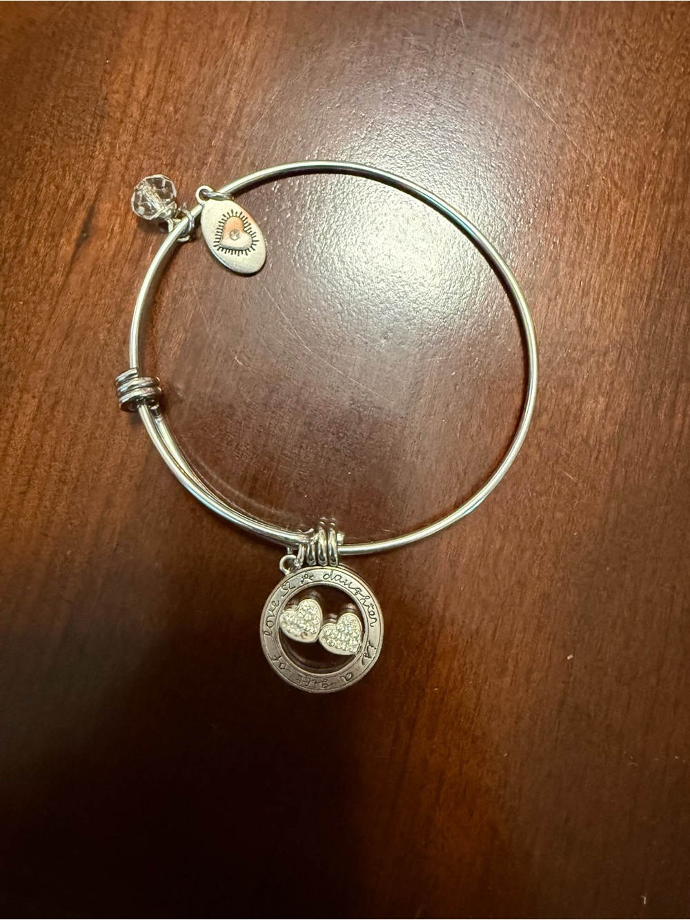 Silver Tone Daughter Charm Bangle Bracelet with Double Heart Pendant